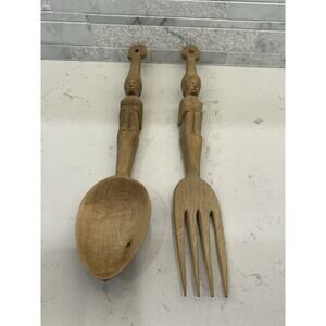 Hand Carved Wooden Spoons Serving Fork 1960s VERY DETAILED & Precise Craftsman